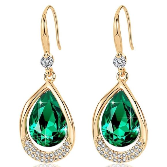14K Yellow Gold and Emerald Green Austrian Crystal Teardrop Halo Hook Earrings - Picture 1 of 7